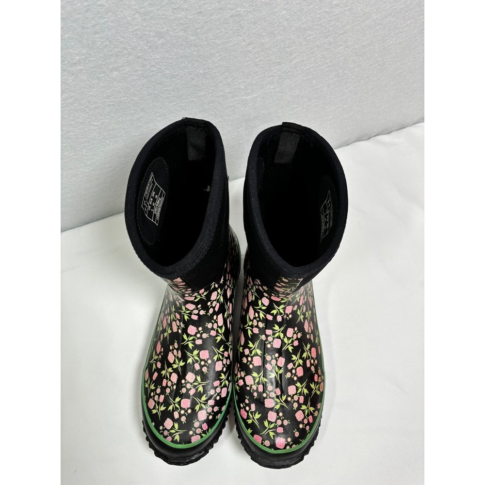 Perfect Storm Cloud Mid Tulip Rain Boots Womens 11 Black Pink Floral Waterproof - Picture 3 of 7
